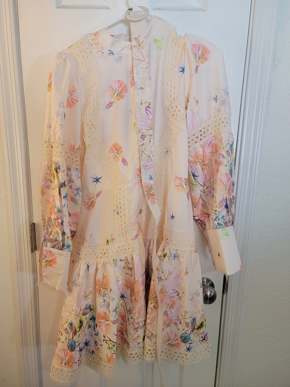 Floral Lace-Trim Midi Dress in Soft Cream and Pastels